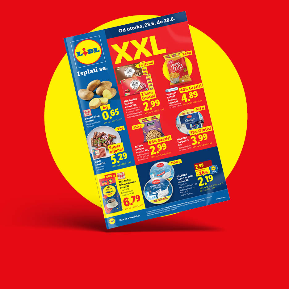 Lidl letak s ponudama XXL proizvoda, uključujući sladolede, krumpir, ćevapčiće, orašaste plodove, sir, kavu i jogurt.