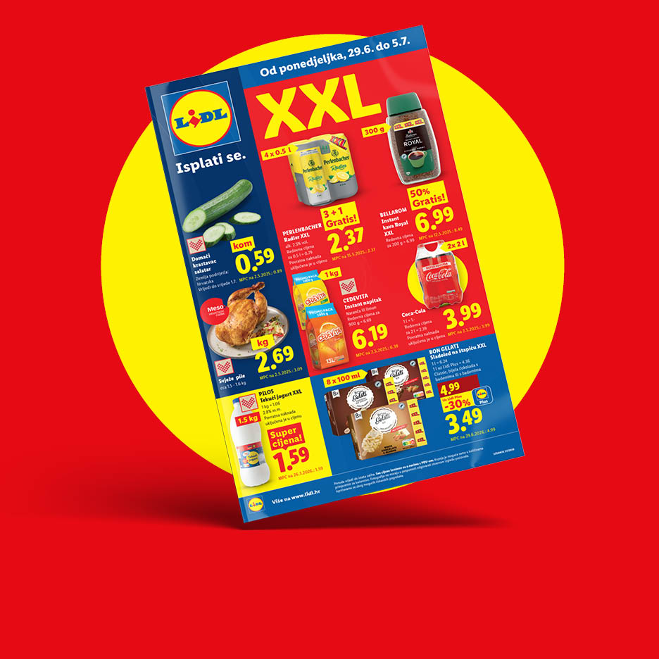 Lidl letak s ponudama XXL proizvoda, uključujući krastavce, piletinu, pića i sladoled.