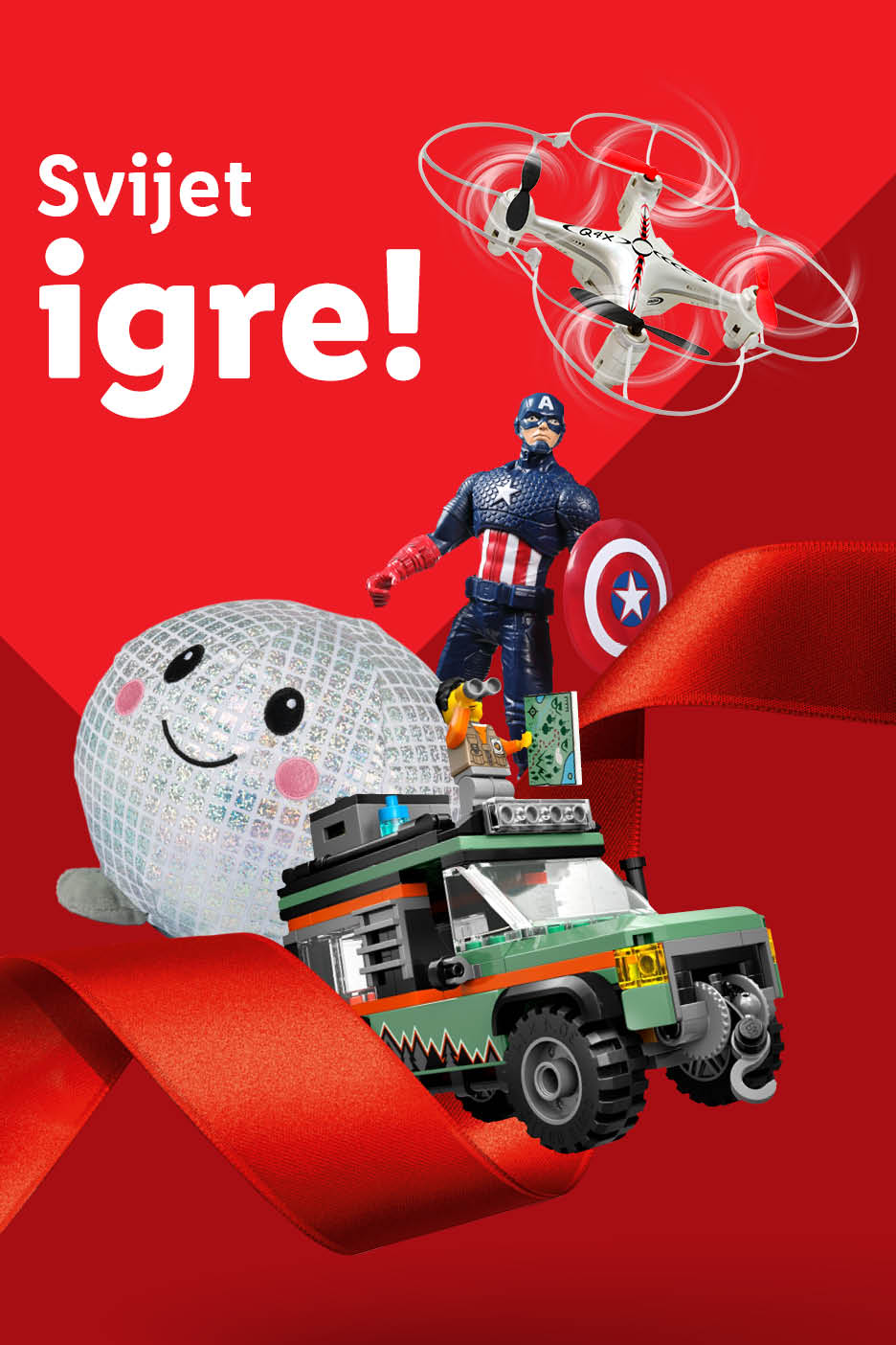 Svijet igre! Dron, figurica Kapetana Amerike, plišana igračka i Lego vozilo na crvenoj pozadini.