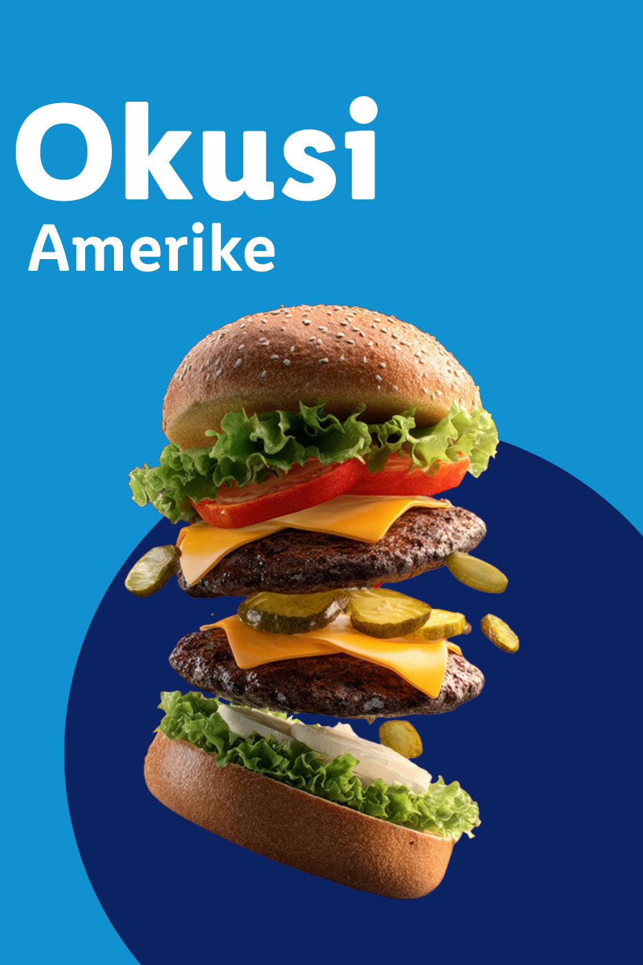 Leteći burger s duplim mesom, sirom i povrćem na plavoj pozadini s tekstom Okusi Amerike.