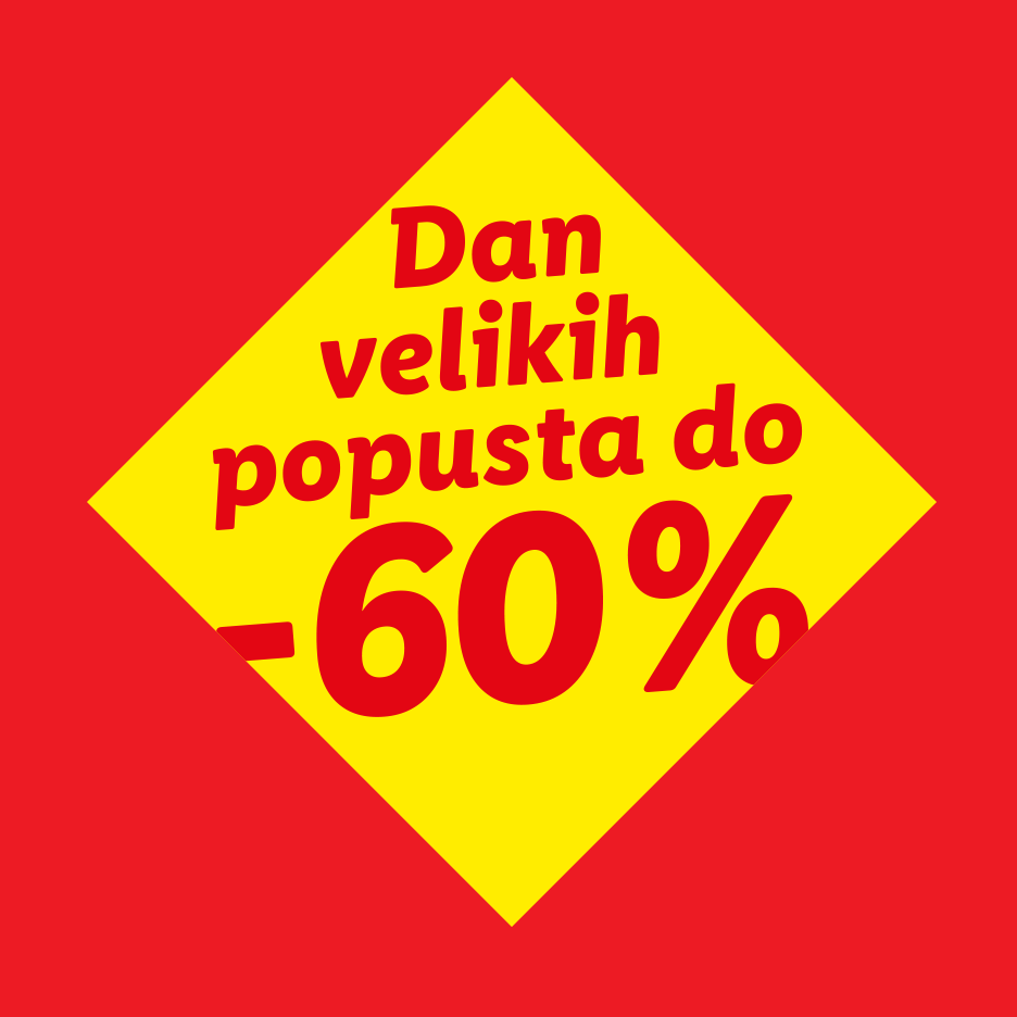 Žuti romb na crvenoj pozadini s tekstom: 'Dan velikih popusta do -60%'.