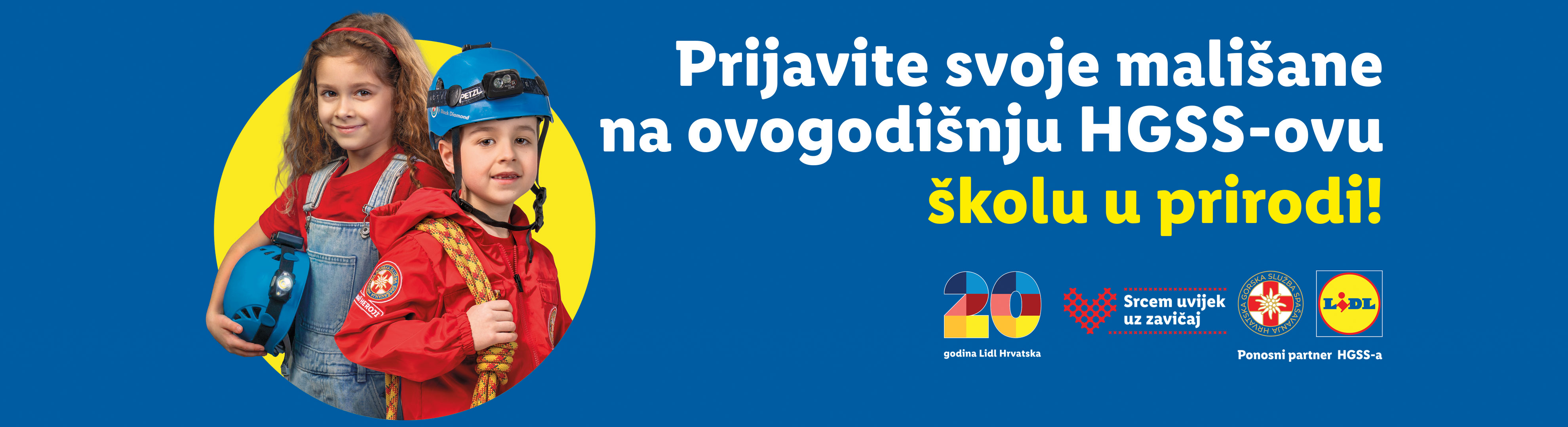 Dvoje djece u opremi za spašavanje, s tekstom 'Prijavite svoje mališane na ovogodišnju HGSS-ovu školu u prirodi!' i logotipima partnera.