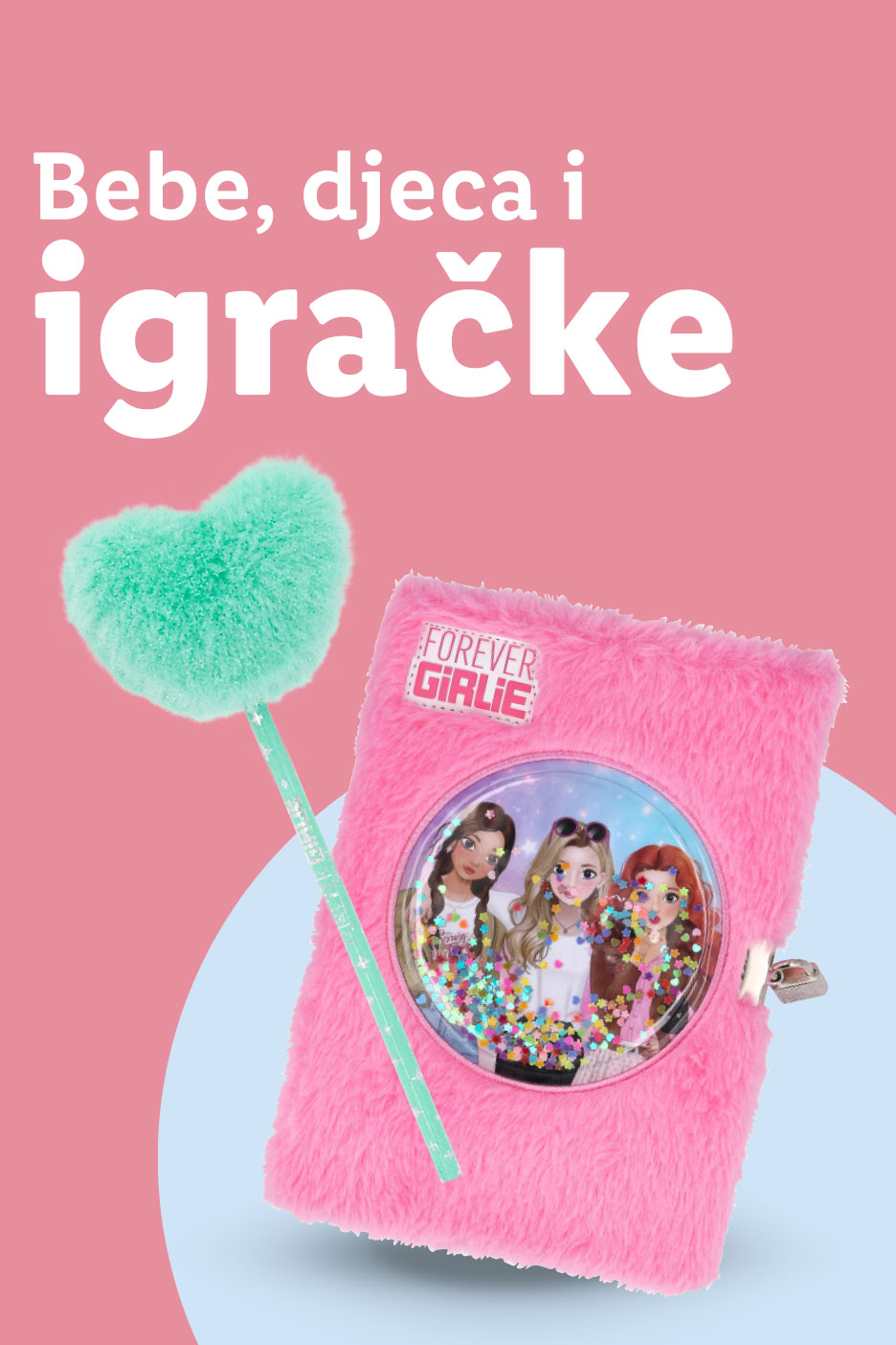 Ružičasta plišana bilježnica s djevojčicama i olovka s tirkiznim srcem. Tekst: Bebe, djeca i igračke.