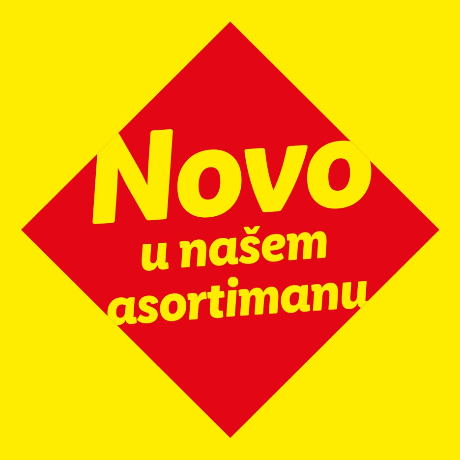 Žuti i crveni natpis s tekstom 'Novo u našem asortimanu'.