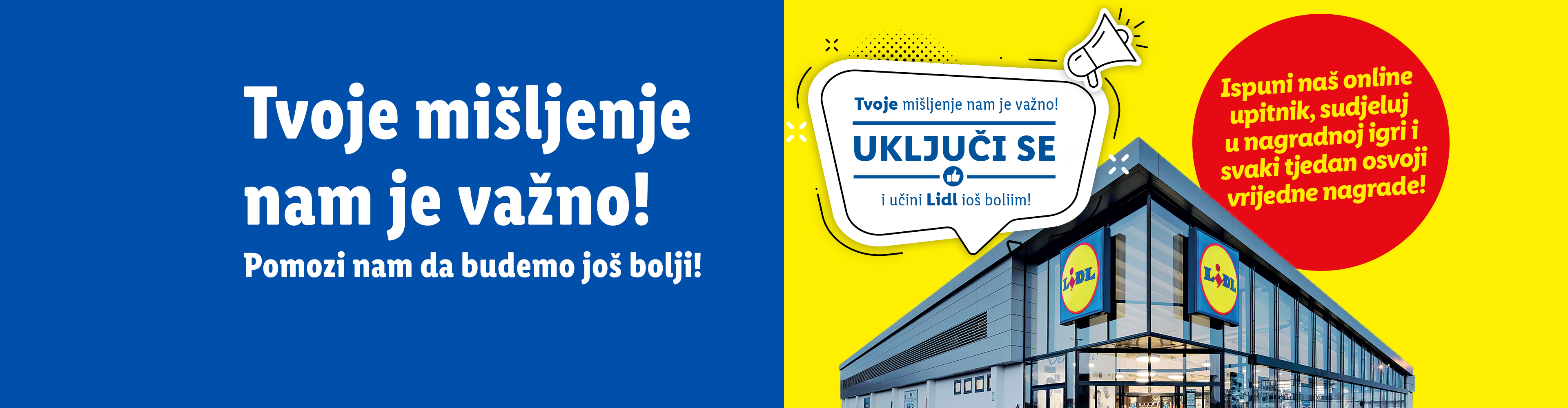 Promotivni banner za Lidl s natpisima 'Tvoje mišljenje nam je važno!' i pozivom na sudjelovanje u online upitniku i nagradnoj igri.