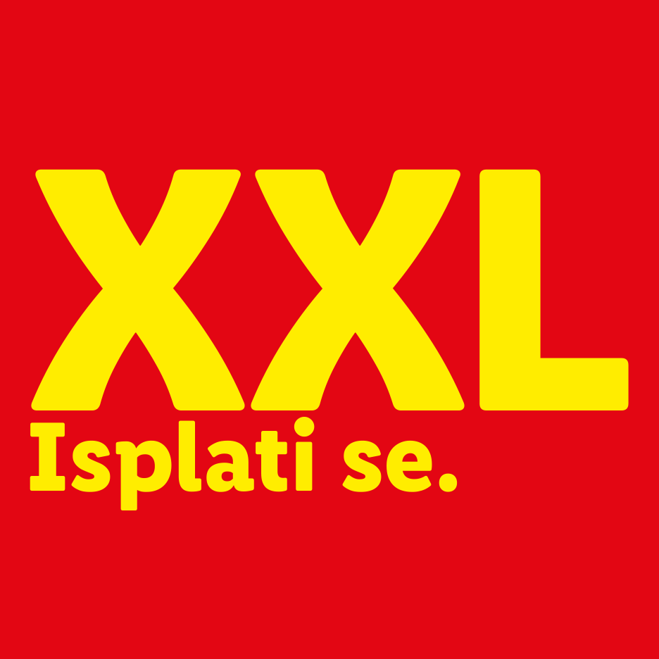 Crveni plakat s velikim žutim slovima 'XXL' i tekstom 'Isplati se.'